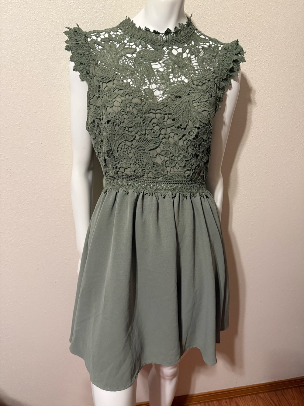 Sleeveless Sage Green Lace Bodice A-Line Dress